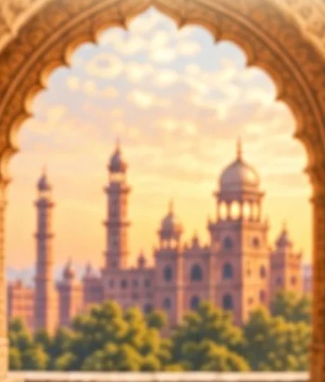 A palace skyline framed by an ornate Mughal arch at sunset